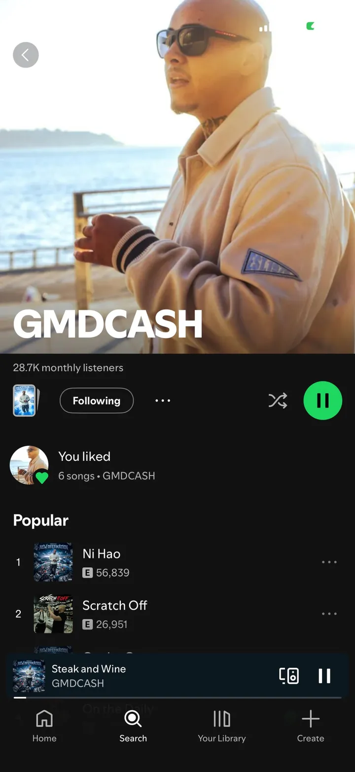 Spotify artist profile for GMDCASH showing 28.7K monthly listeners