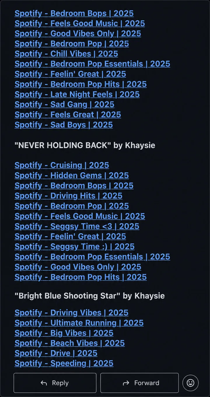 Curator placement report listing 30+ Spotify playlist adds for Khaysie