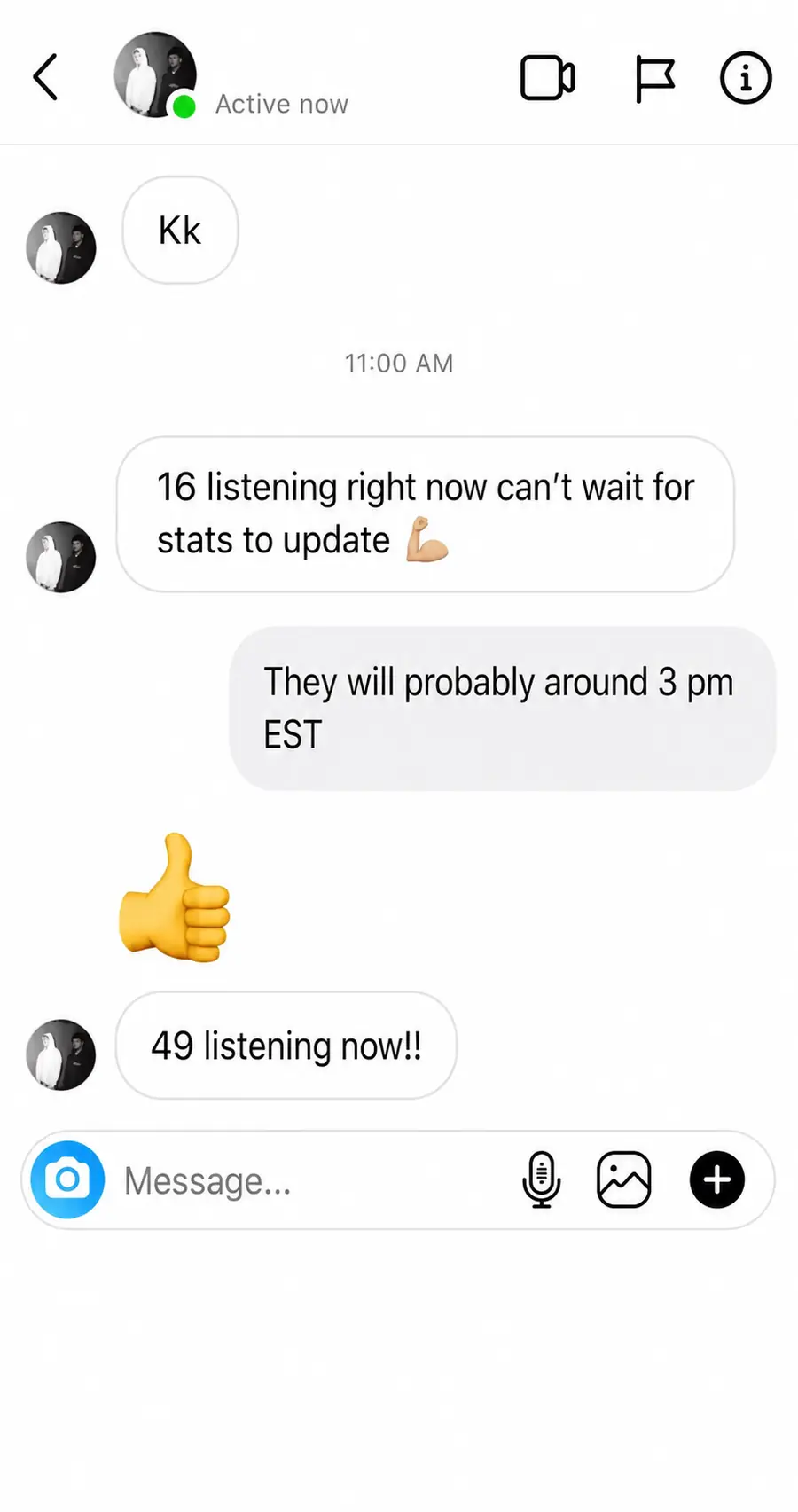 Artist conversation showing live listener count increasing from 16 to 49