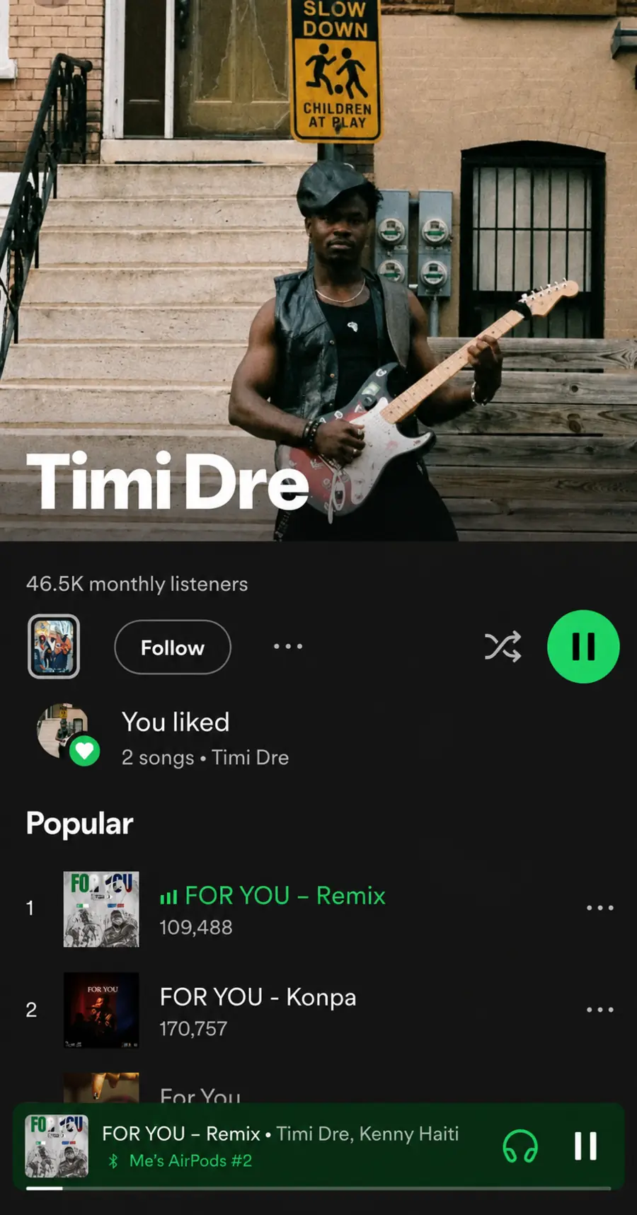 Timi Dre Spotify profile showing 46.5 thousand monthly listeners